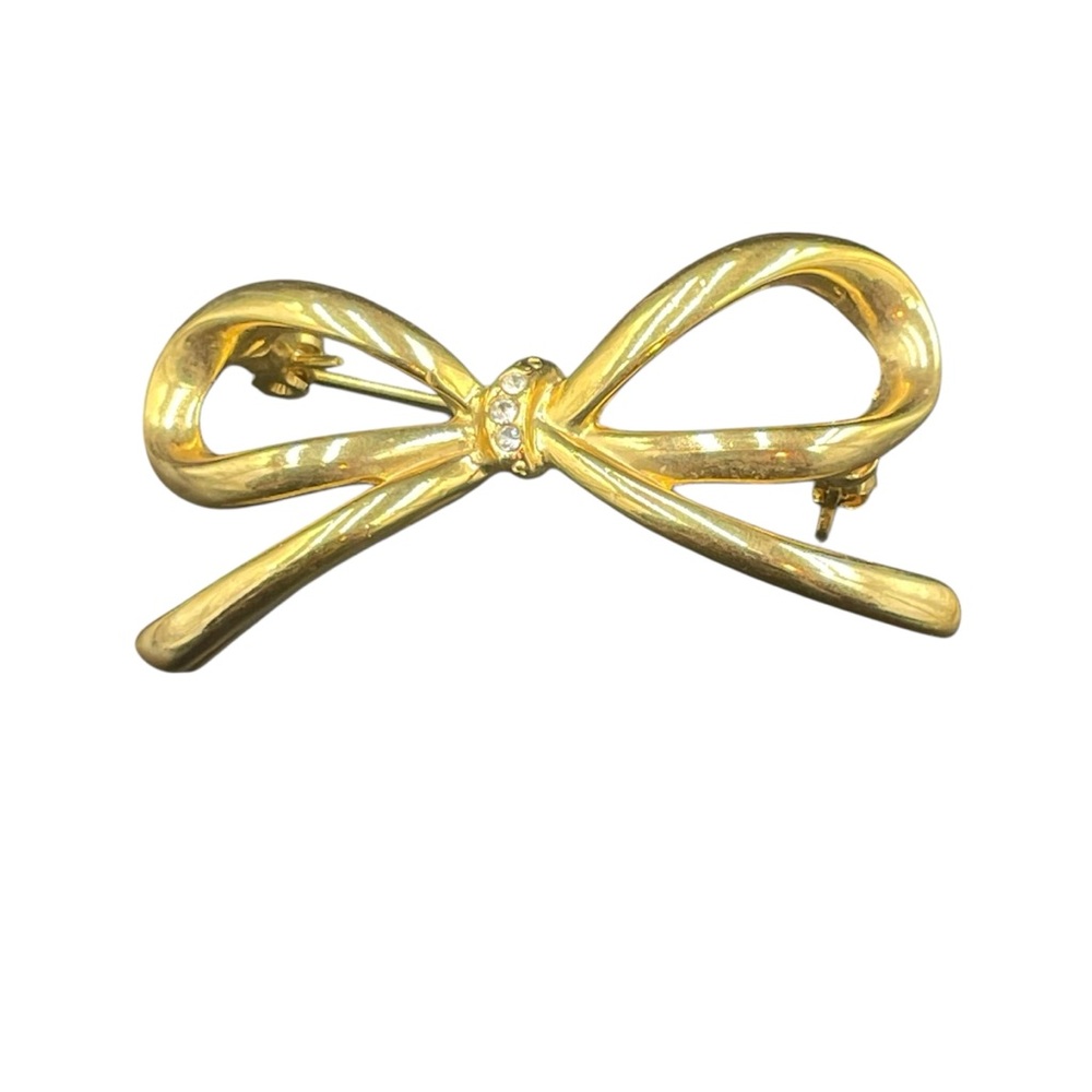 Gold Bow Brooch with Clear Rhinestones
